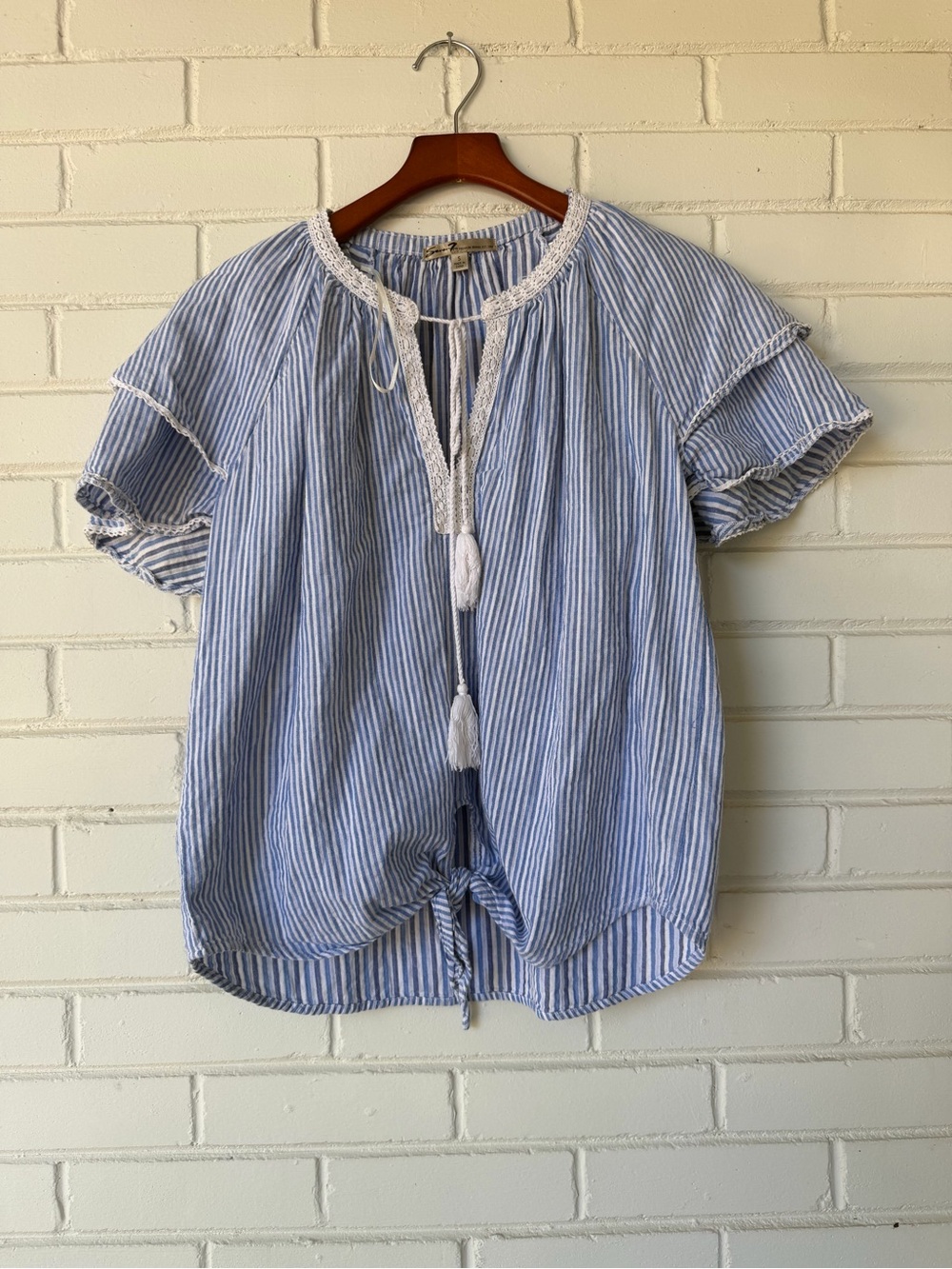 7 For All Mankind Blue & White Striped Boho Blouse Flutter Sleeve - Size S